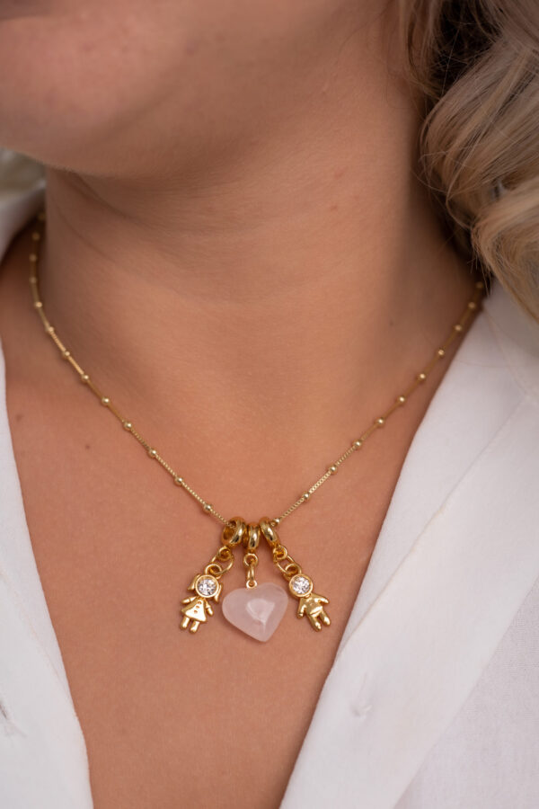 Colar Coleção Amor de Mãe Quartzo Rosa + Menino e Menina folheado em ouro 18k - Image 2