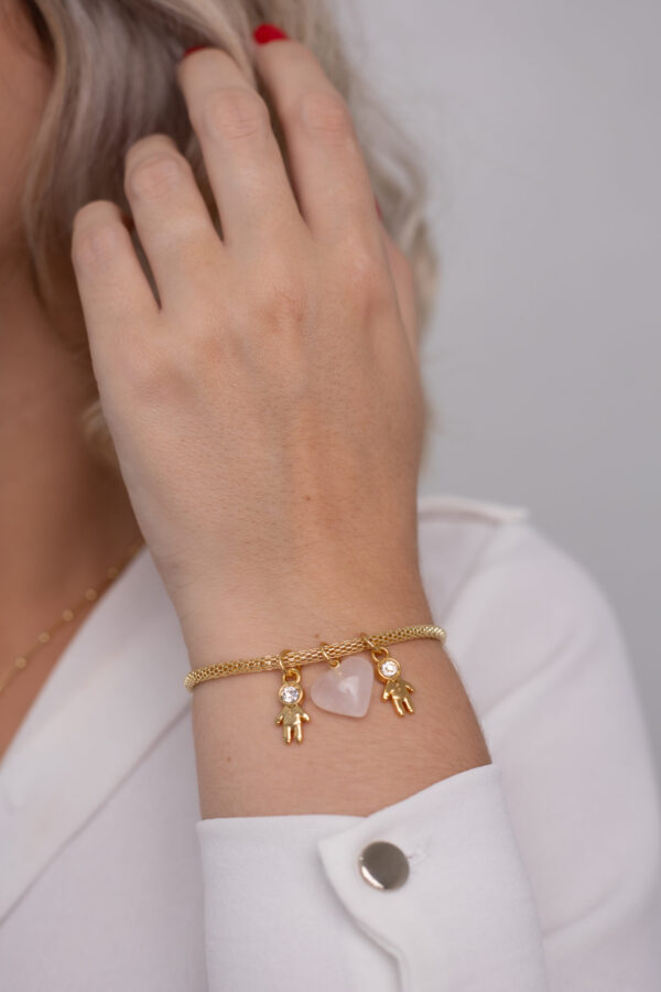 Pulseira Coleção Amor de Mãe Quartzo Rosa + 2 Meninos folheado em ouro 18k